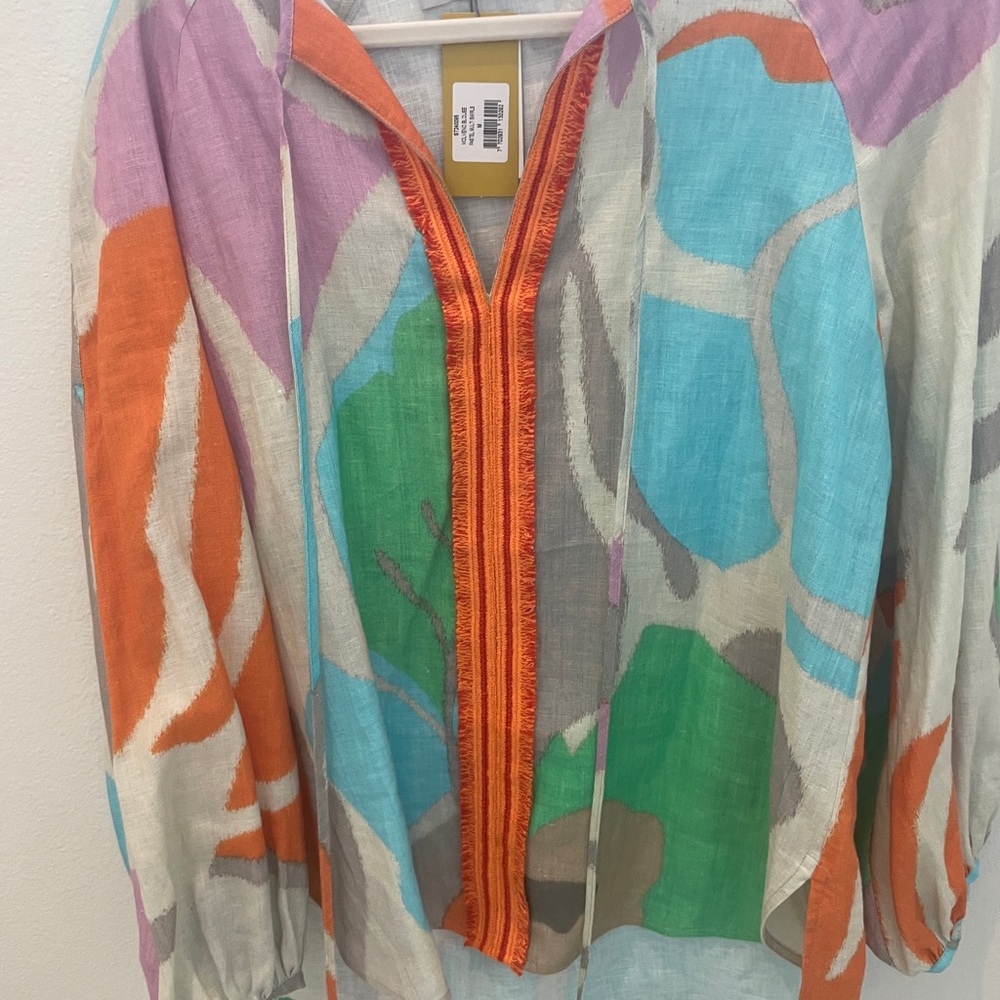 Silvia Tcherassi Sheer Blouse with Orange and Pink Accents Fringe trim M